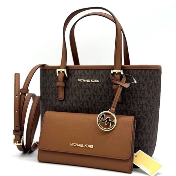 Michael Kors Jet Set Travel Extra-Small Top-Zip lote Bag & Trifold Wallet Brown - Picture 1 of 12